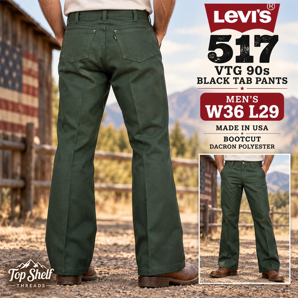 VTG 1994 Levi's 517 Sta-Prest Pants Men W36 L29 Green Bootcut USA Black Gold Tab
